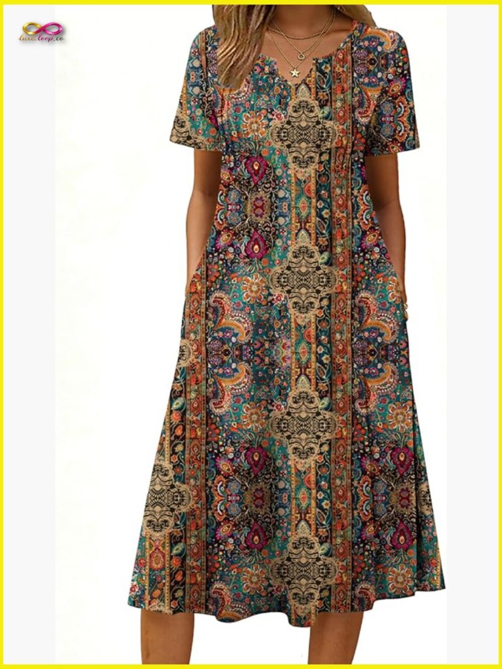 Casual Short Sleeve A-Line Midi Dress With Pockets Flowy Pleated T-Shirt Dress - Picture 1 of 7